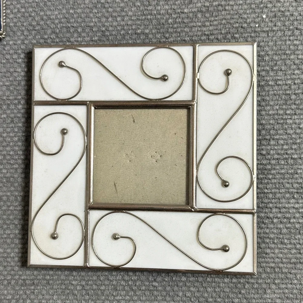 Connoisseur Stained Glass Picture Frames Set 2 White Scroll Blue Stone Bead Art